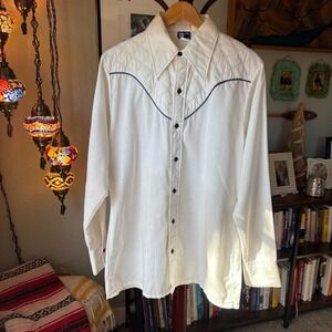 Vintage 1970s Western Button-Down Shirt Navy Buttons Embroidered Yoke
